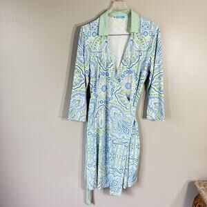 J.Mclaughlin Collared 3/4 Sleeves Green Printed Wrap Dress Catalina Cloth Size S